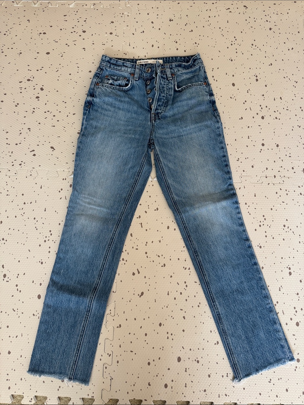 GRLFRND Button-Fly Straight Leg Jeans in Medium Blue Wash